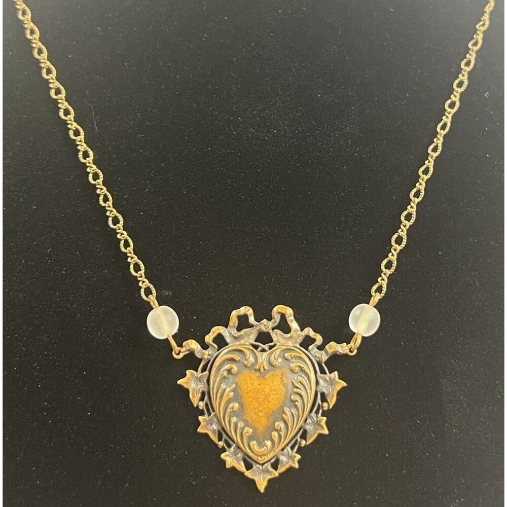 FAB Art Nouveau PIDIDDLY Links Antique Gold Tone Heart Charm Necklace